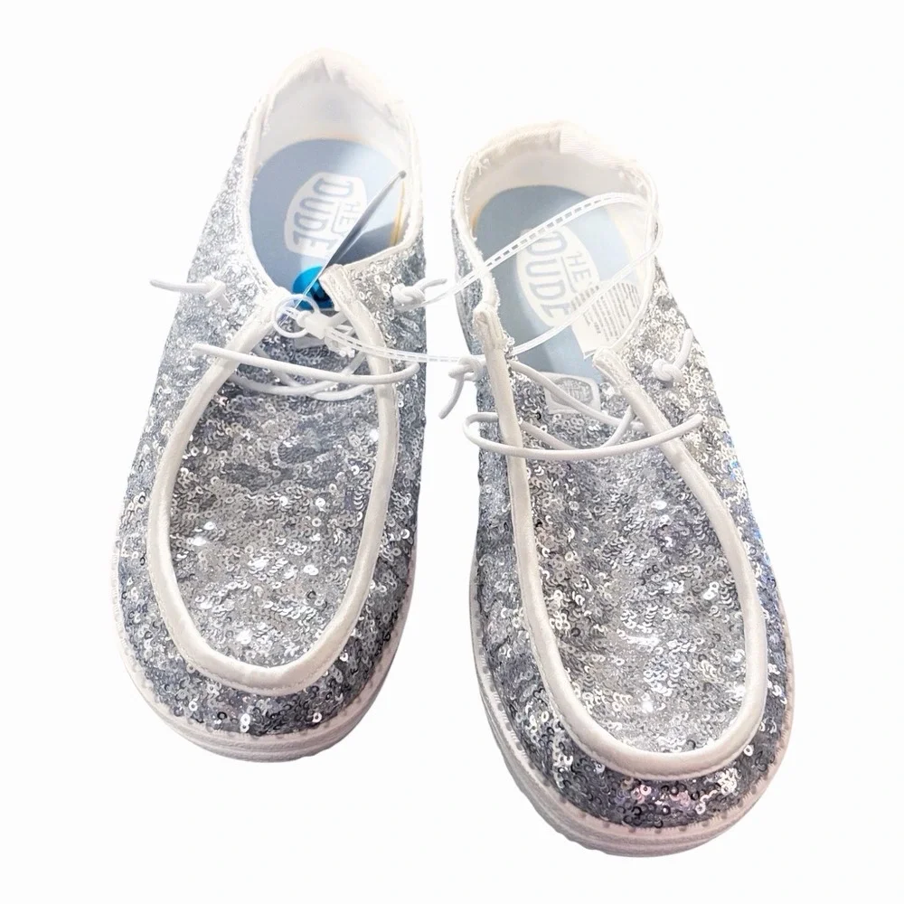 Hey Dude Wendy Sequin Women Size 10 Cream Silver Sparkle Slip On NEW With Tags
